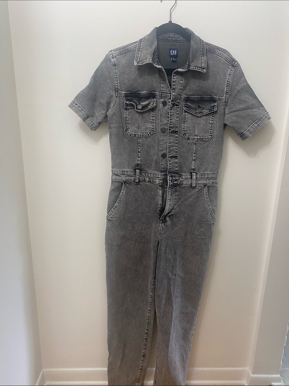 GAP Gray Short-Sleeve Denim Jumpsuit